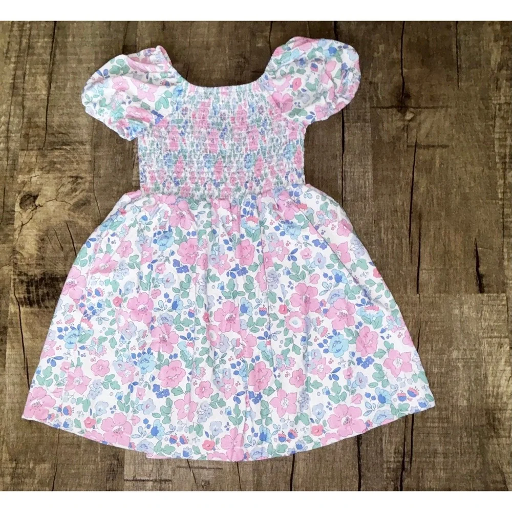 Marie Nicole Clothing Girls Floral Smocked Puff Sleeve Dress Pink Blue‎ XL